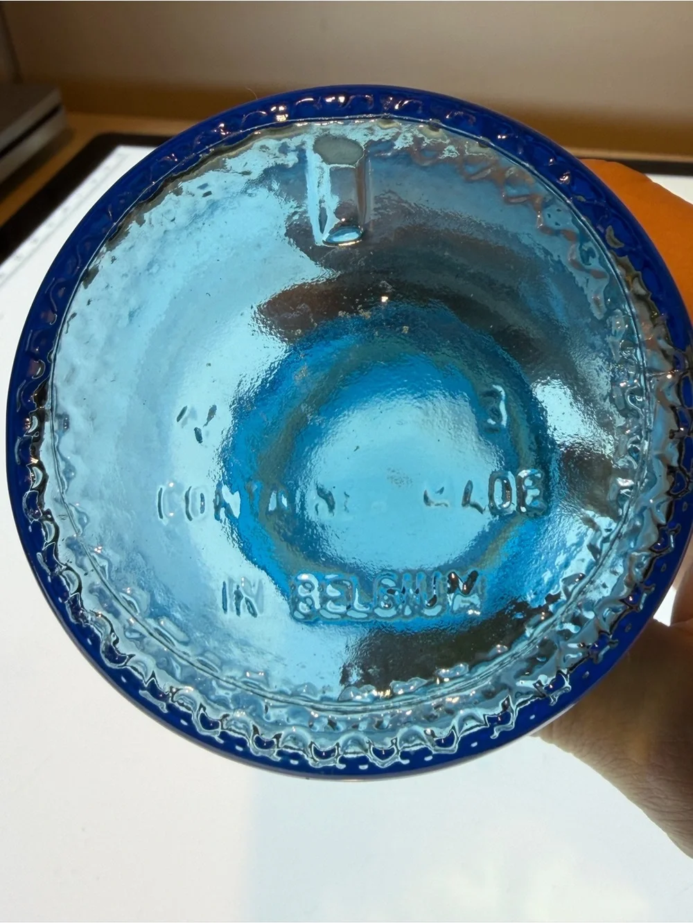 Blue Made in Belgium Glass Apothecary Jar with Bubble Top 5 in tall & 3 in wid